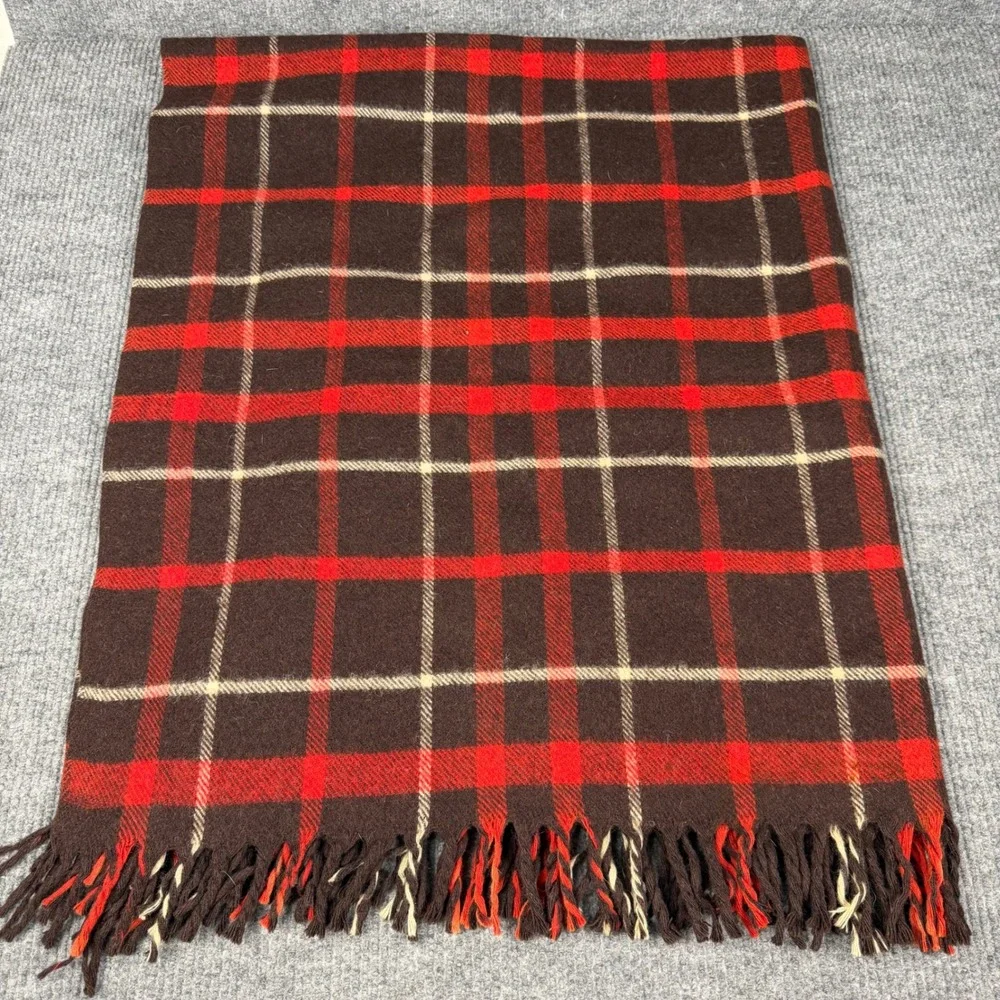 Vtg 60s Seymour Wool Blanket 64x55 All Wool Brown Red Plaid Fringe Made in USA